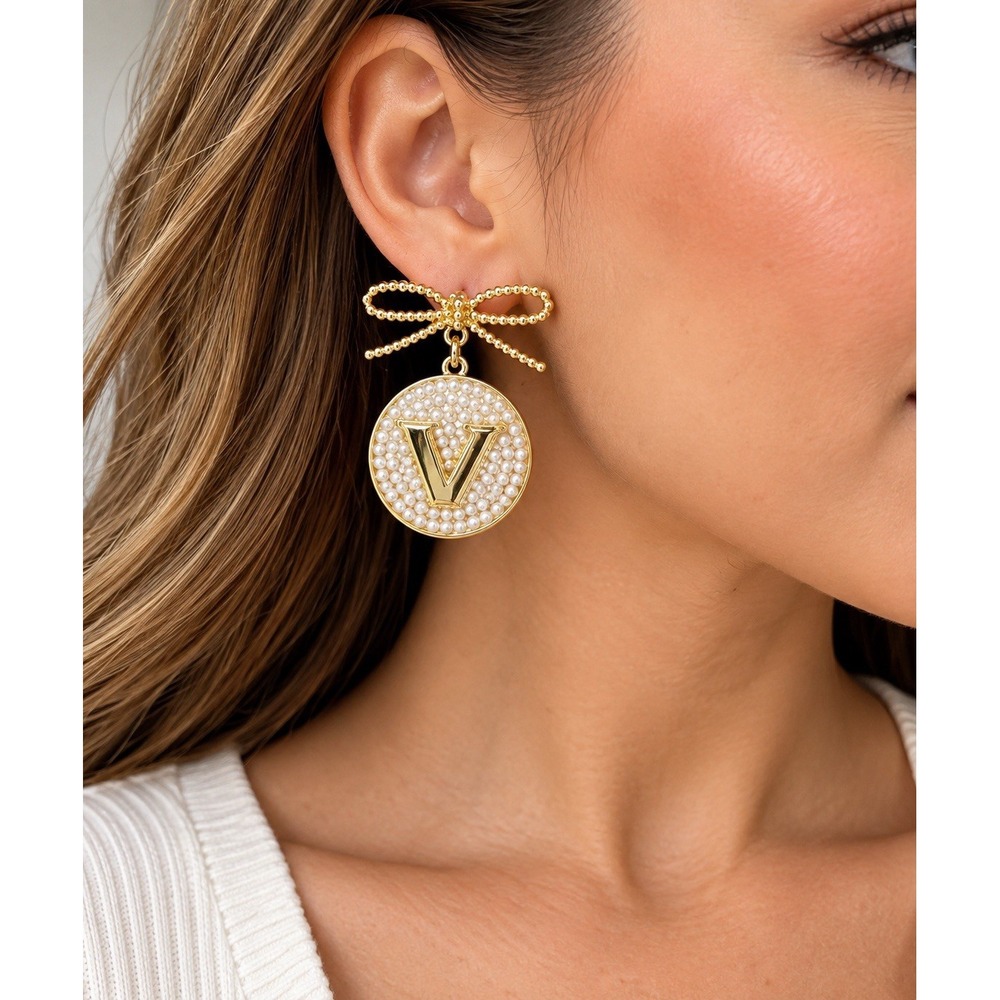 Brianna Cannon Vanderbilt V Pearl Medallion Earrings Gold Bow Dangle NWT